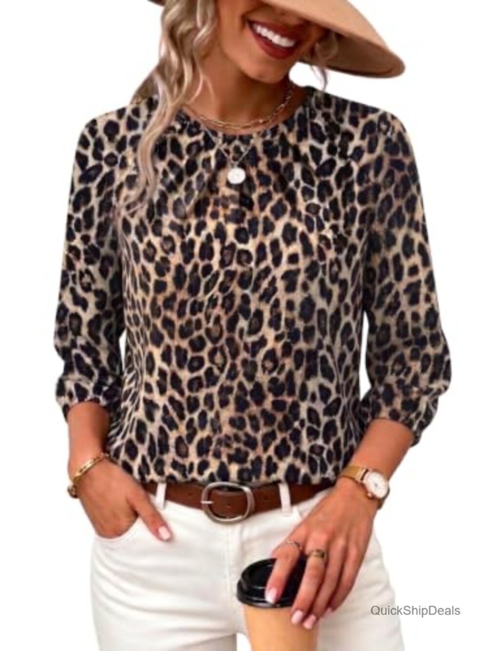 Womens Pleated Front 3/4 Sleeve Blouse Crew Neck Dressy Casual Top